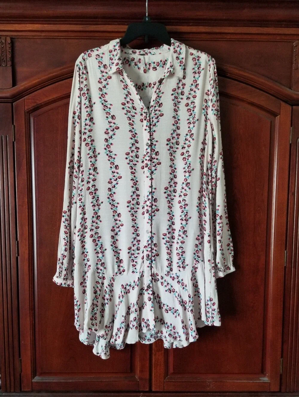 Free People Slubby Crinkle Drop Waist Floral Button Up Shirt Dress Size M
